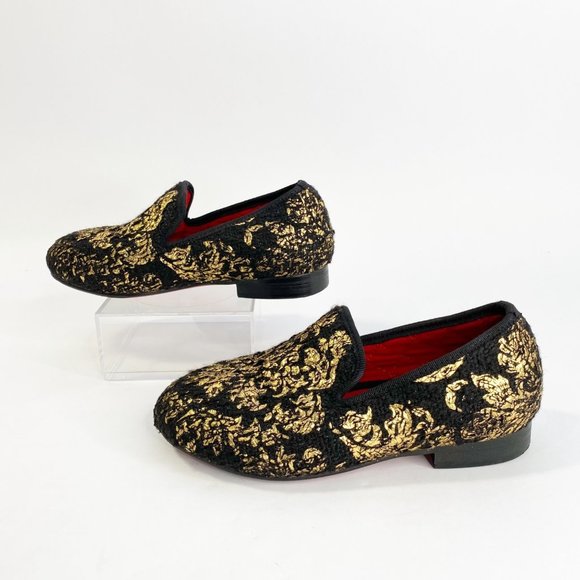 PIERGITAR Black Velvet Metallic Gold Pattern Slip On Girl's Shoes - Picture 6 of 15
